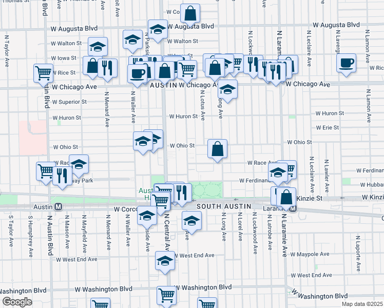 map of restaurants, bars, coffee shops, grocery stores, and more near 557 North Pine Avenue in Chicago