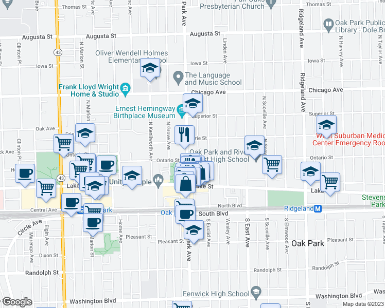 map of restaurants, bars, coffee shops, grocery stores, and more near 720 Ontario Street in Oak Park