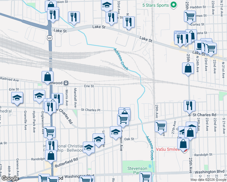 map of restaurants, bars, coffee shops, grocery stores, and more near 115 Rice Avenue in Bellwood