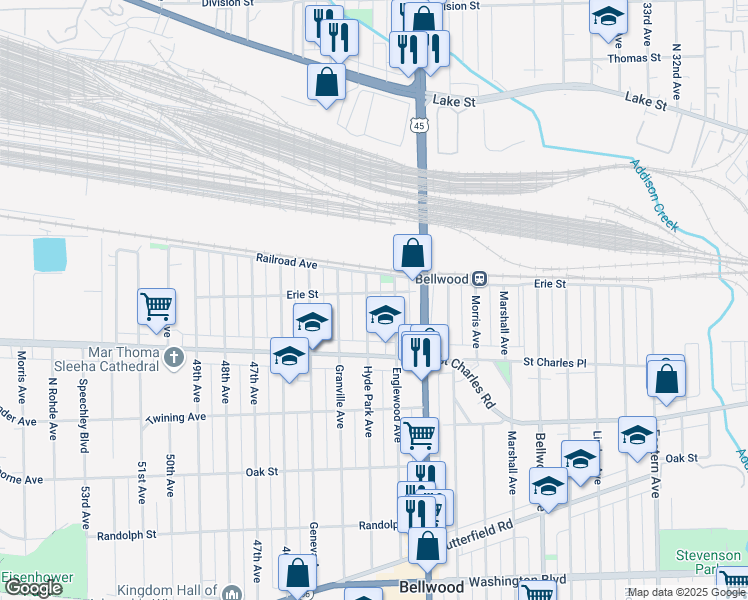 map of restaurants, bars, coffee shops, grocery stores, and more near 106 Englewood Avenue in Bellwood