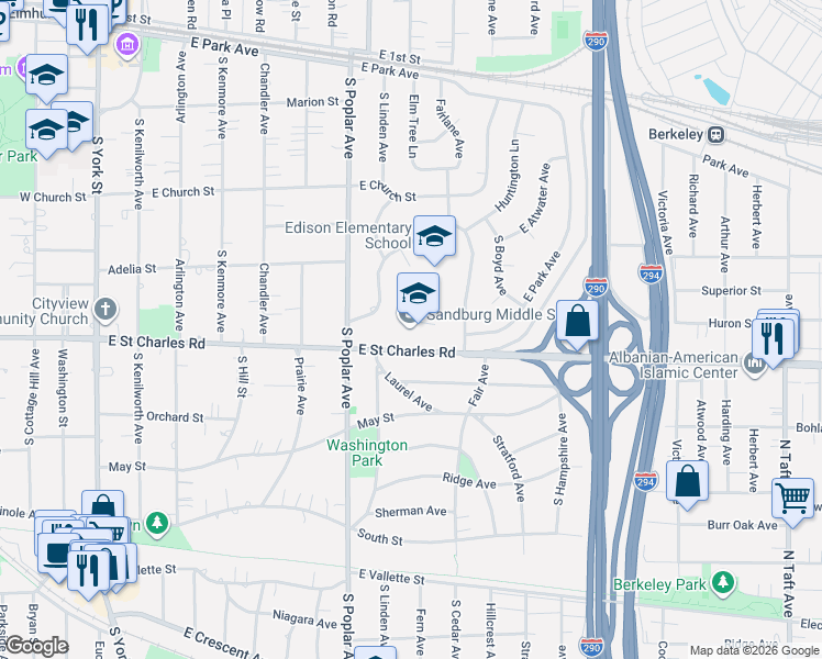 map of restaurants, bars, coffee shops, grocery stores, and more near 315 East Saint Charles Road in Elmhurst