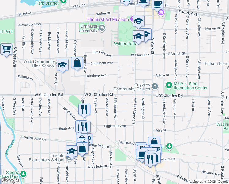 map of restaurants, bars, coffee shops, grocery stores, and more near in Elmhurst