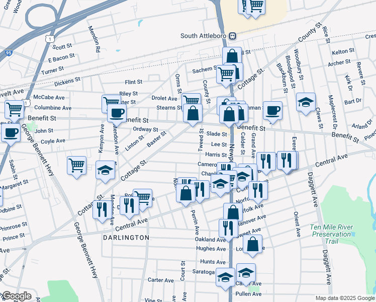 map of restaurants, bars, coffee shops, grocery stores, and more near 84 Harris St in Pawtucket