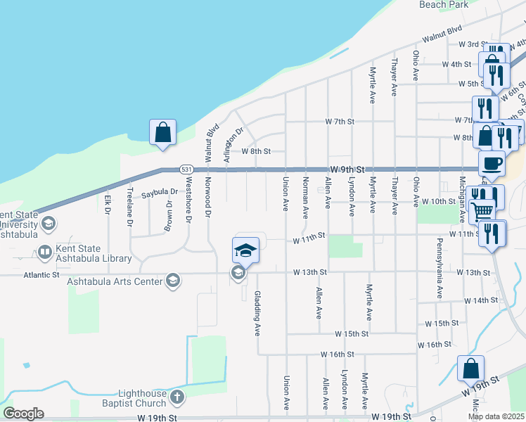 map of restaurants, bars, coffee shops, grocery stores, and more near 1011 Eastwood Drive in Ashtabula