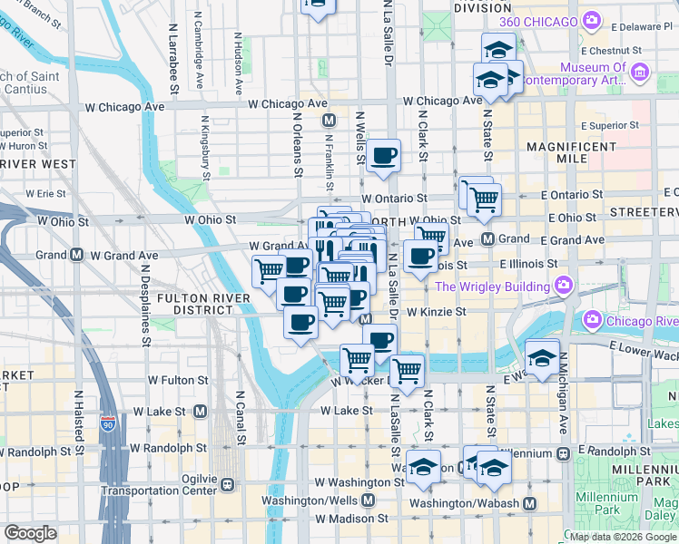 map of restaurants, bars, coffee shops, grocery stores, and more near 444 North Wells Street in Chicago