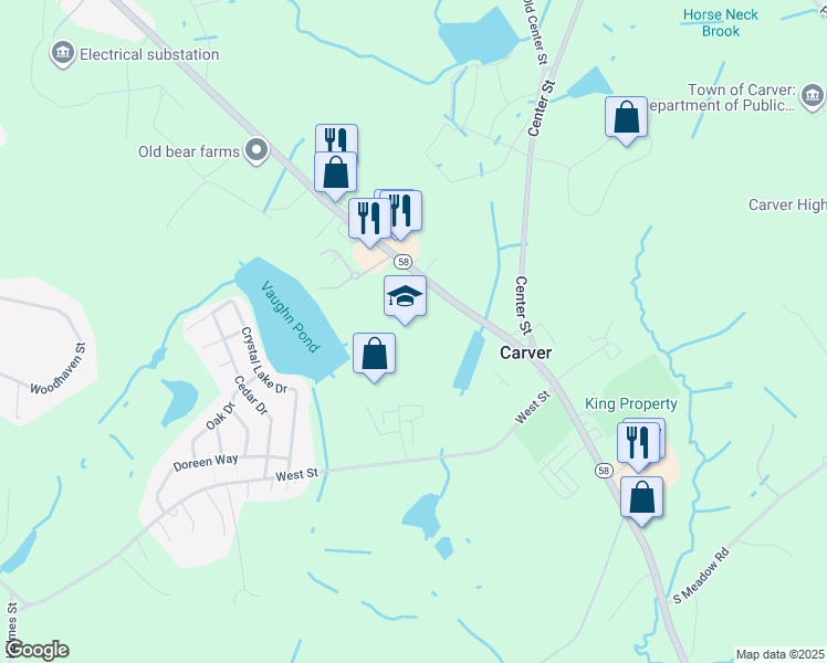 map of restaurants, bars, coffee shops, grocery stores, and more near 85 Main Street in Carver