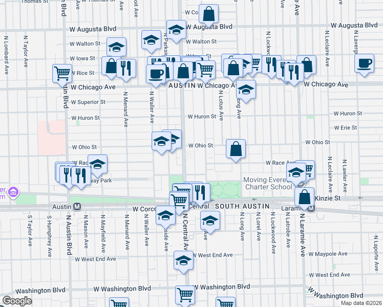 map of restaurants, bars, coffee shops, grocery stores, and more near 543 North Central Avenue in Chicago