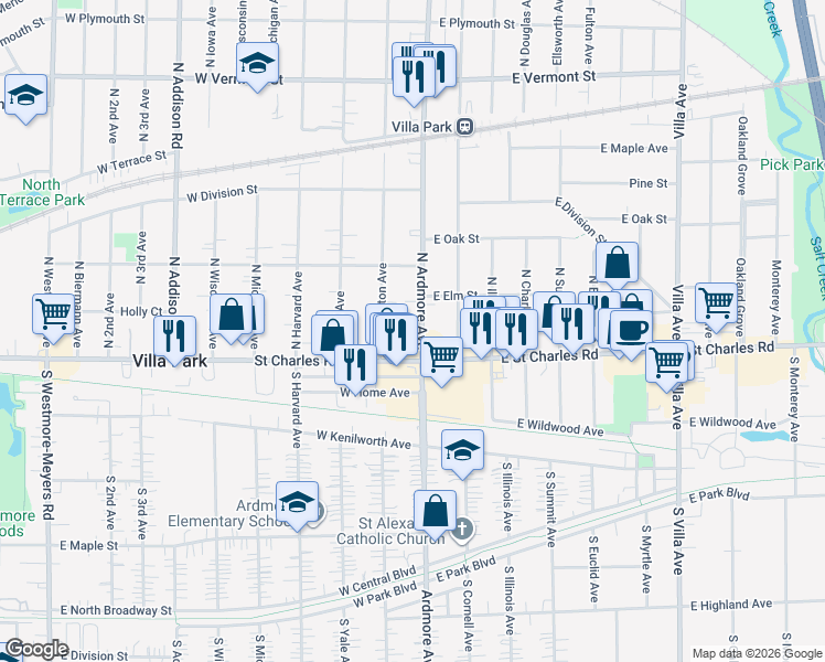 map of restaurants, bars, coffee shops, grocery stores, and more near 20 North Ardmore Avenue in Villa Park