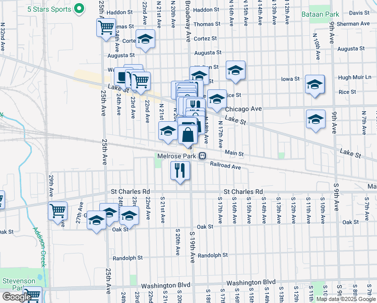 map of restaurants, bars, coffee shops, grocery stores, and more near 4 North 19th Avenue in Melrose Park