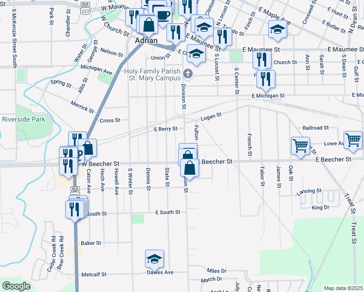 map of restaurants, bars, coffee shops, grocery stores, and more near 640 Division Street in Adrian