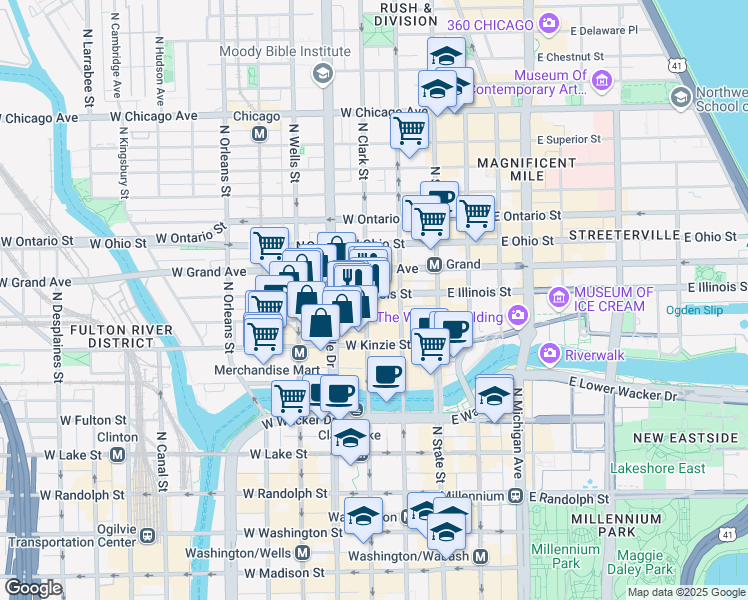 map of restaurants, bars, coffee shops, grocery stores, and more near 111 West Illinois Street in Chicago