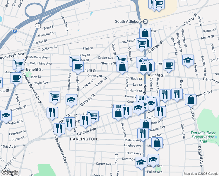 map of restaurants, bars, coffee shops, grocery stores, and more near 29 Harris Street in Pawtucket