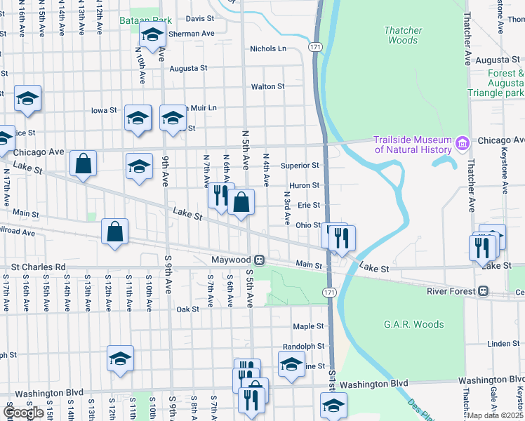 map of restaurants, bars, coffee shops, grocery stores, and more near 316 North 4th Avenue in Maywood