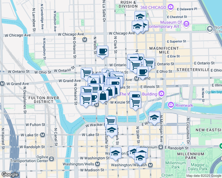 map of restaurants, bars, coffee shops, grocery stores, and more near 111 West Illinois Street in Chicago
