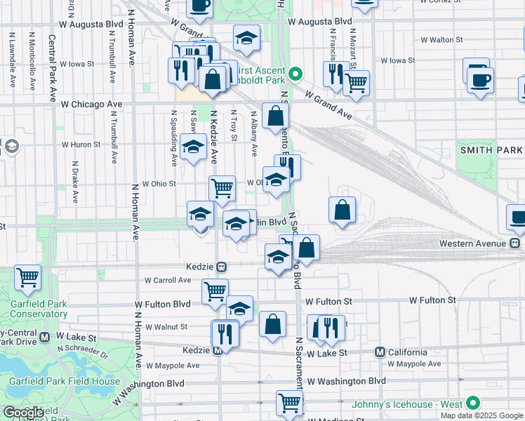 map of restaurants, bars, coffee shops, grocery stores, and more near 3050 West Franklin Boulevard in Chicago