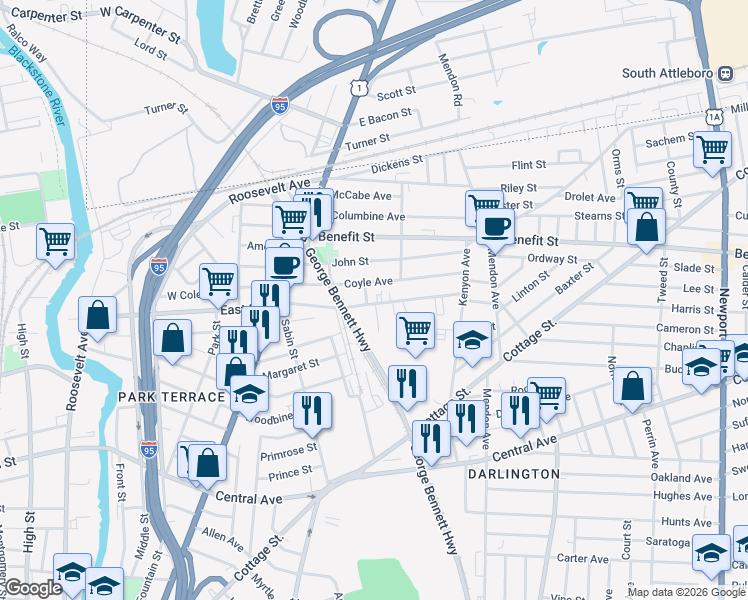map of restaurants, bars, coffee shops, grocery stores, and more near 82 Webster Street in Pawtucket