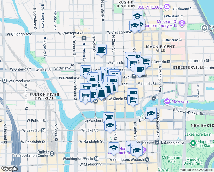 map of restaurants, bars, coffee shops, grocery stores, and more near 111 West Illinois Street in Chicago