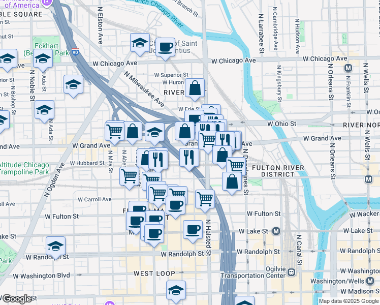 map of restaurants, bars, coffee shops, grocery stores, and more near 453 North Peoria Street in Chicago