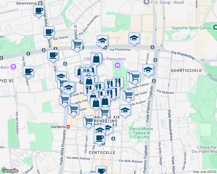 map of restaurants, bars, coffee shops, grocery stores, and more near 150 Via delle Rose in Roma