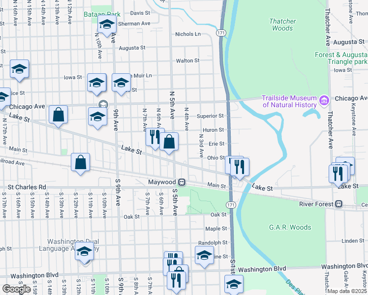 map of restaurants, bars, coffee shops, grocery stores, and more near 316 North 4th Avenue in Maywood
