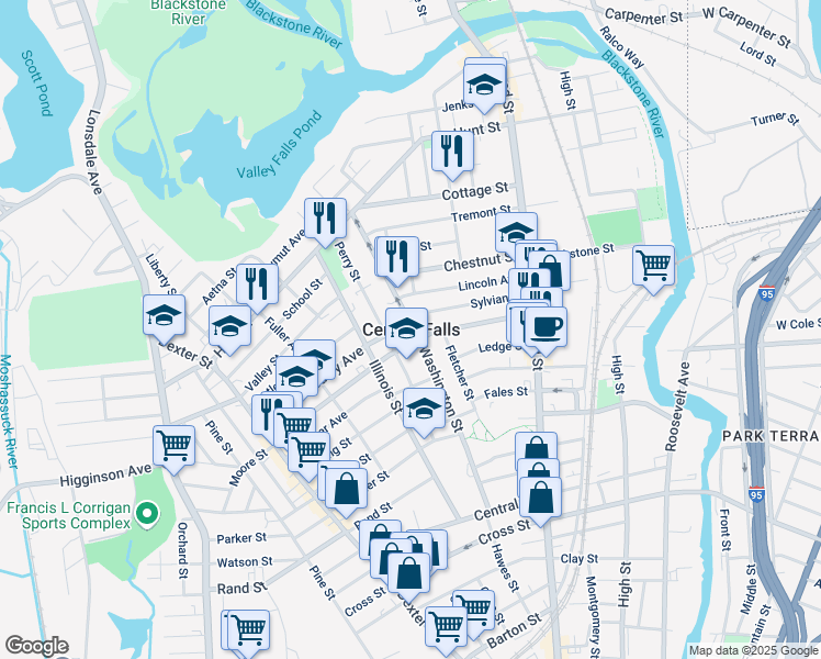 map of restaurants, bars, coffee shops, grocery stores, and more near in Central Falls