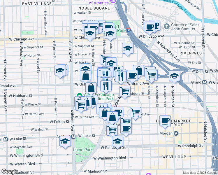 map of restaurants, bars, coffee shops, grocery stores, and more near 1371 West Grand Avenue in Chicago