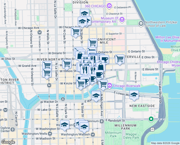 map of restaurants, bars, coffee shops, grocery stores, and more near North Wabash Avenue in Chicago