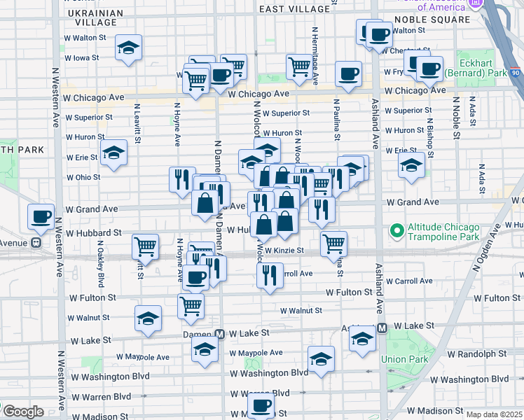 map of restaurants, bars, coffee shops, grocery stores, and more near 1913 West Grand Avenue in Chicago