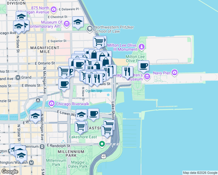 map of restaurants, bars, coffee shops, grocery stores, and more near 474 North Lake Shore Drive in Chicago