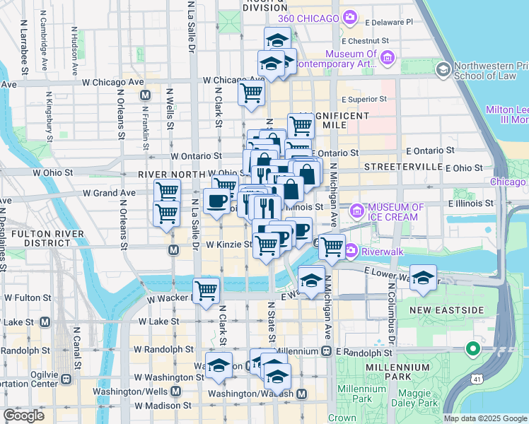 map of restaurants, bars, coffee shops, grocery stores, and more near 11 West Illinois Street in Chicago