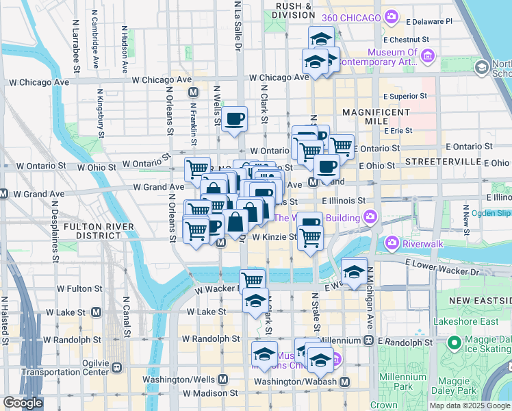map of restaurants, bars, coffee shops, grocery stores, and more near 111 West Illinois Street in Chicago