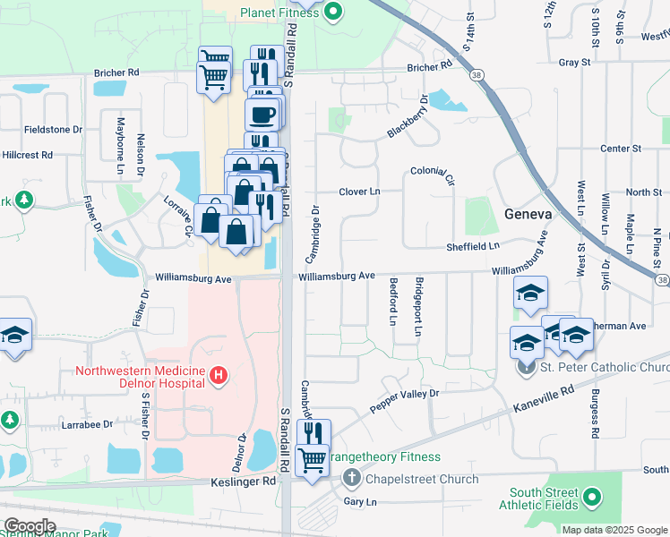map of restaurants, bars, coffee shops, grocery stores, and more near 212 Wakefield Lane in Geneva