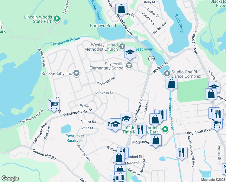 map of restaurants, bars, coffee shops, grocery stores, and more near 75 Progress Street in Lincoln