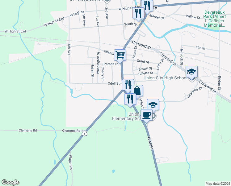 map of restaurants, bars, coffee shops, grocery stores, and more near 33 Center St in Union City