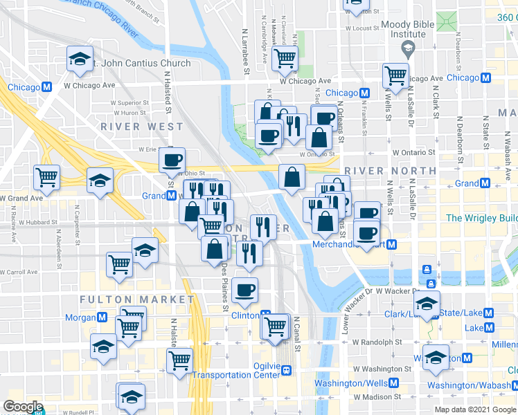 map of restaurants, bars, coffee shops, grocery stores, and more near N Canal St & N Clinton St in Chicago