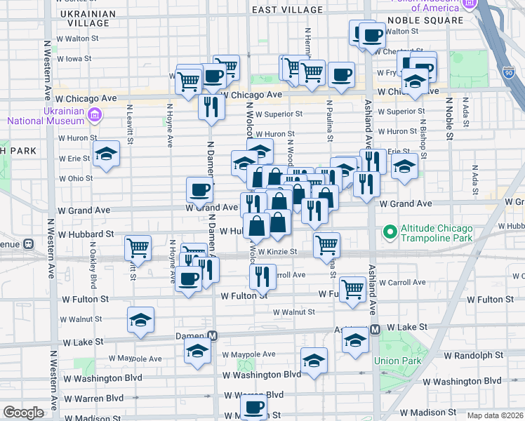 map of restaurants, bars, coffee shops, grocery stores, and more near 1837 West Grand Avenue in Chicago