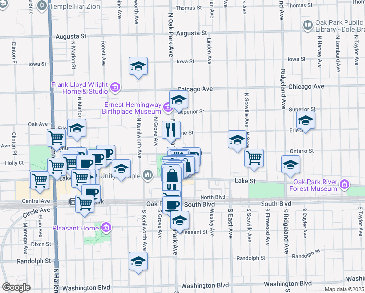 map of restaurants, bars, coffee shops, grocery stores, and more near 720 Ontario Street in Oak Park
