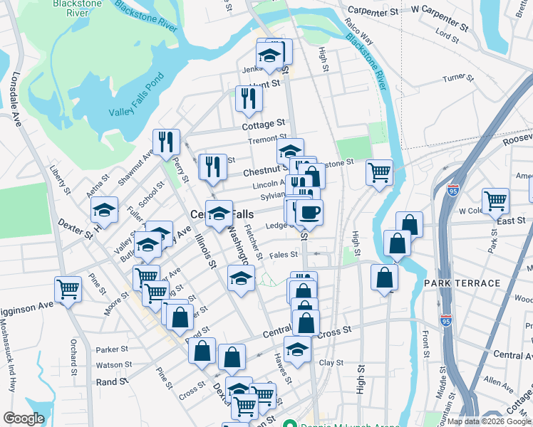 map of restaurants, bars, coffee shops, grocery stores, and more near 72 Cowden Street in Central Falls
