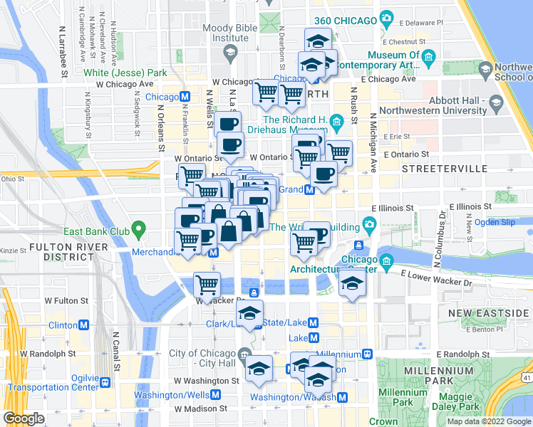 map of restaurants, bars, coffee shops, grocery stores, and more near 449 North Clark Street in Chicago