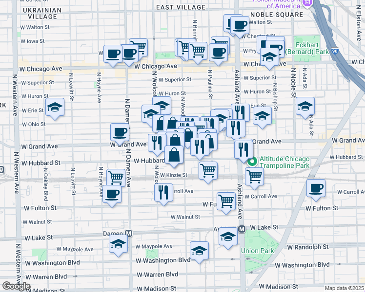 map of restaurants, bars, coffee shops, grocery stores, and more near 1759 West Grand Avenue in Chicago