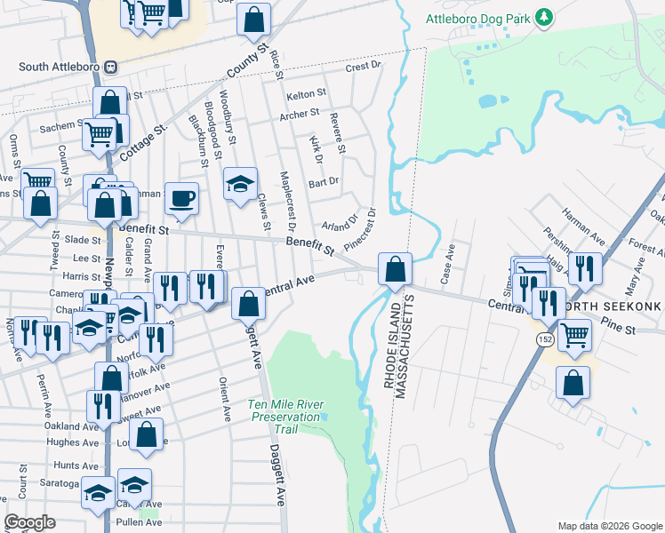 map of restaurants, bars, coffee shops, grocery stores, and more near 1081 Central Avenue in Pawtucket