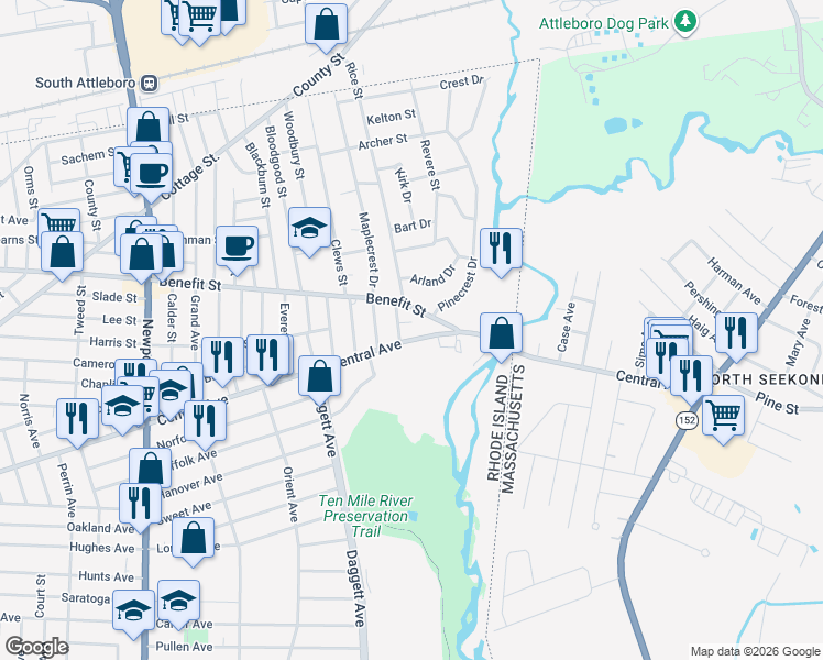 map of restaurants, bars, coffee shops, grocery stores, and more near 1028 Central Avenue in Pawtucket