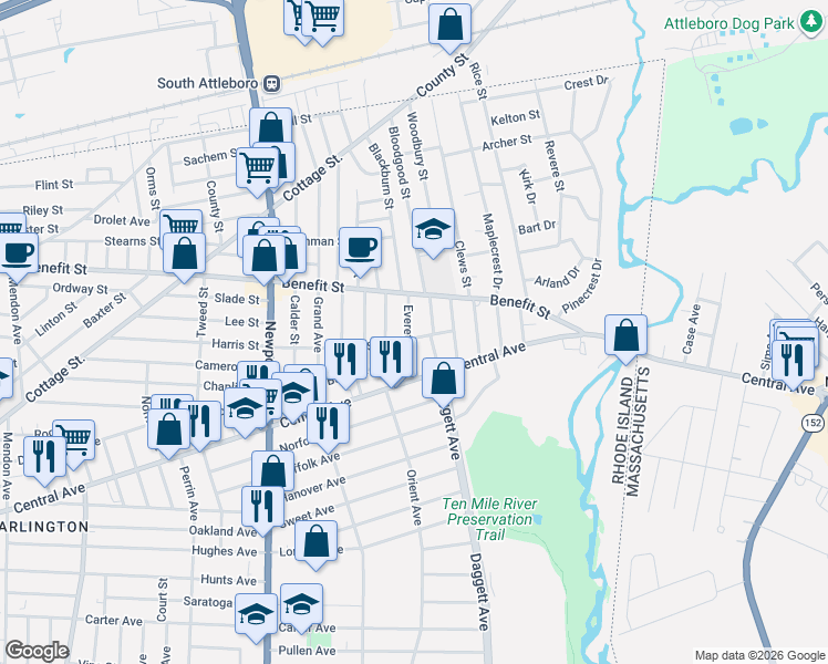 map of restaurants, bars, coffee shops, grocery stores, and more near 162 Senate Street in Pawtucket