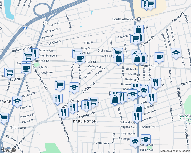 map of restaurants, bars, coffee shops, grocery stores, and more near 558 Cottage Street in Pawtucket