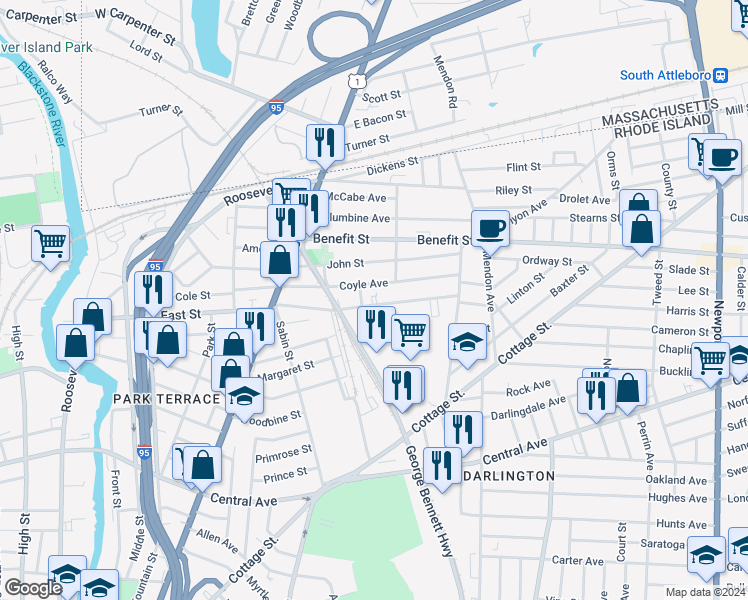 map of restaurants, bars, coffee shops, grocery stores, and more near 95 Webster Street in Pawtucket