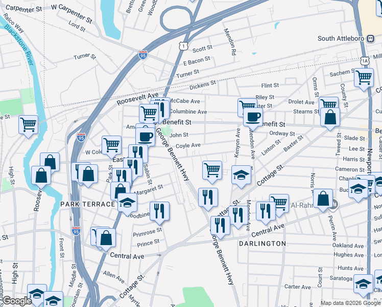 map of restaurants, bars, coffee shops, grocery stores, and more near 95 Webster Street in Pawtucket