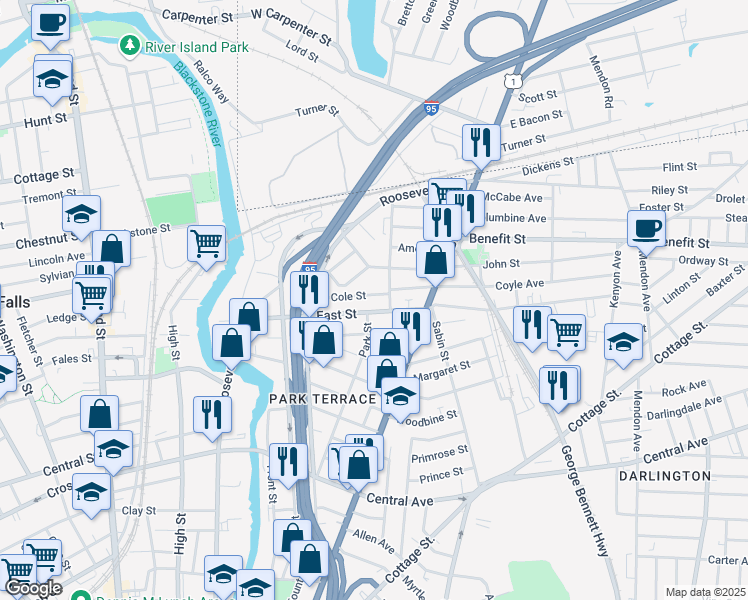 map of restaurants, bars, coffee shops, grocery stores, and more near 178 East Street in Pawtucket
