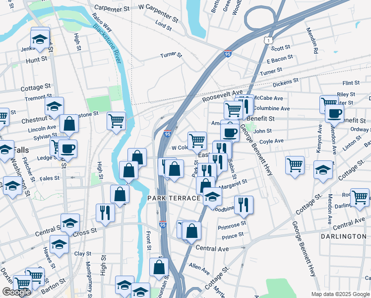 map of restaurants, bars, coffee shops, grocery stores, and more near 134 East Street in Pawtucket