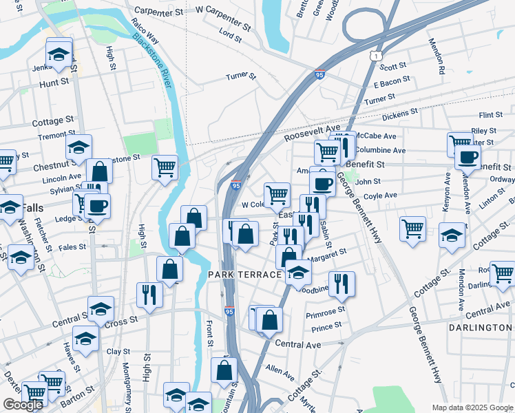 map of restaurants, bars, coffee shops, grocery stores, and more near 134 East Street in Pawtucket