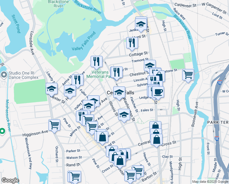 map of restaurants, bars, coffee shops, grocery stores, and more near in Central Falls